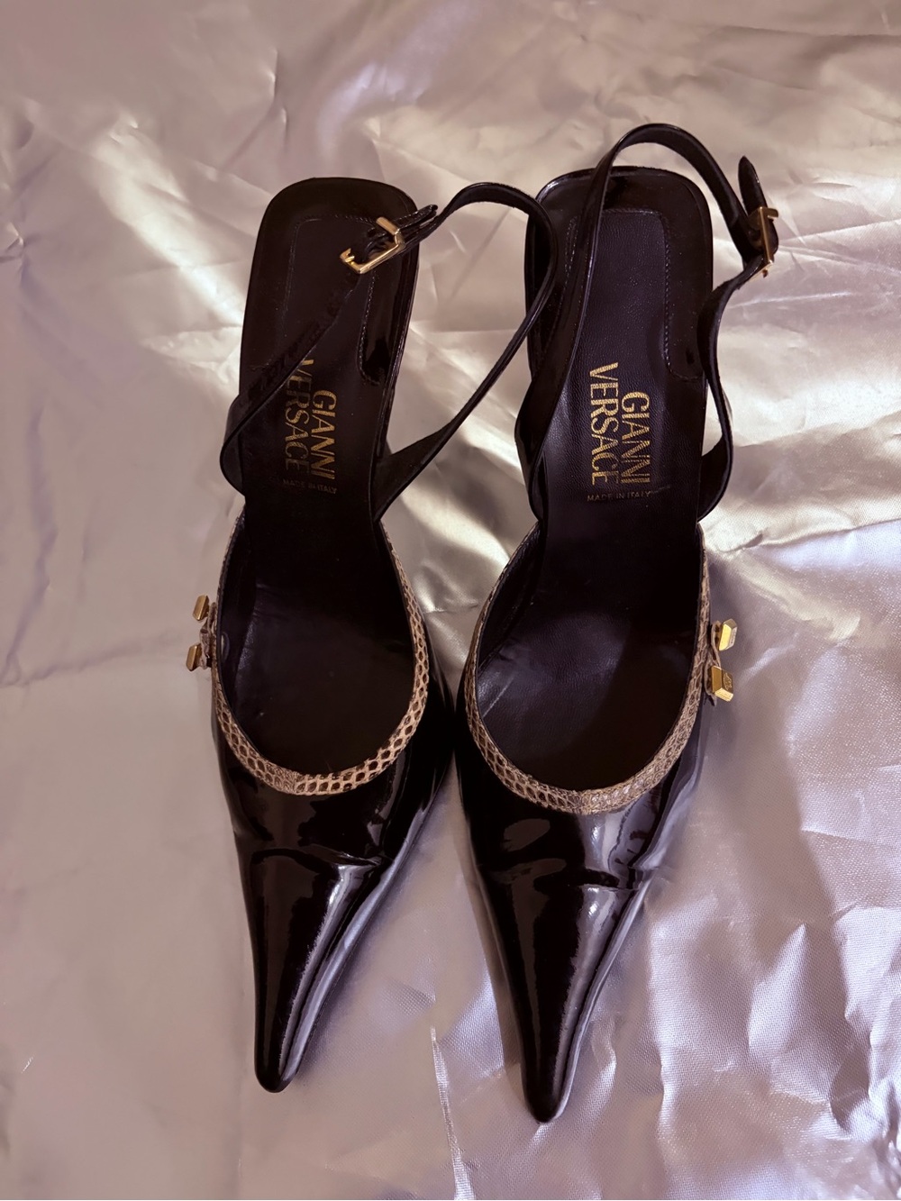 Versace Black Patent Pointed Slingback Pumps with Gold Accent - Picture 7 of 11